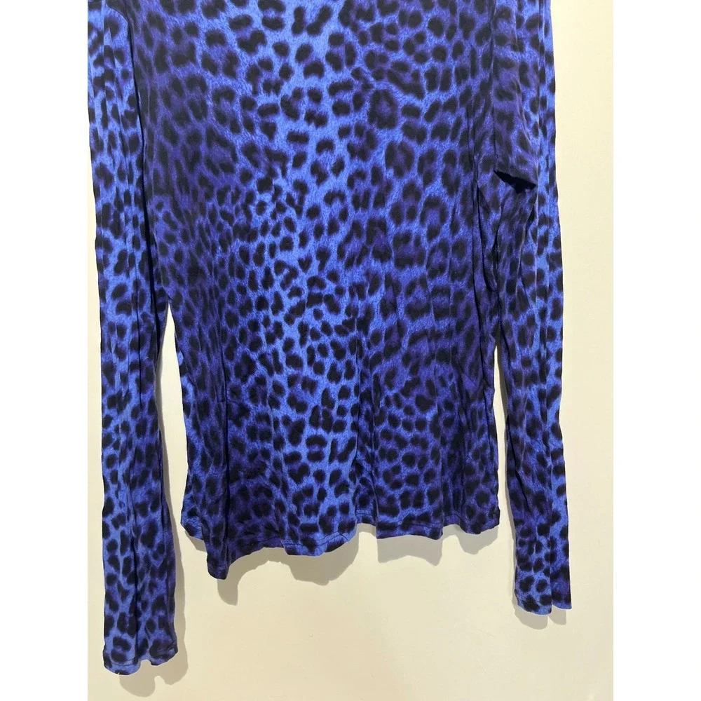 Michael Kors Womens XL Blue Black Leopard Animal Print Long Sleeve Crew Neck Top